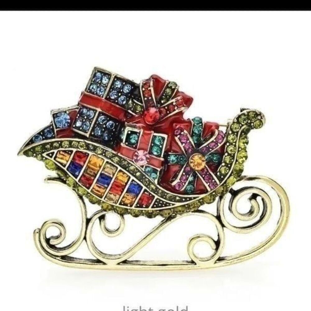 Sleigh Brooch Full of Gifts Crystal Rhinestone Vintage Pin Christmas Holidays